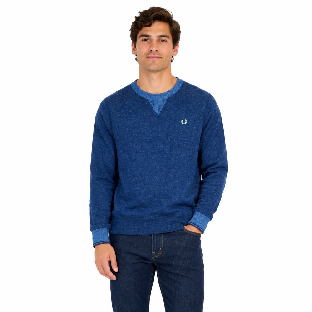 Fred Perry Mens Blue Marl Cotton Crewneck Sweater K7209 Raglan Pullover Size M